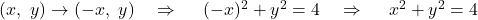 (x,~y) \rightarrow (-x,~y) ~~~\Rightarrow~~~~(-x)^{2} + y^{2} =4 ~~~\Rightarrow~~~~ x^{2} + y^{2} =4